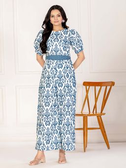 WEAVLLITE - White Printed Cotton Jumpsuit with Belt (Set of 2)