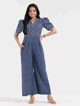 WEAVLLITE - Navy Blue Sanganeri Cotton Blockprinted Jumpsuit