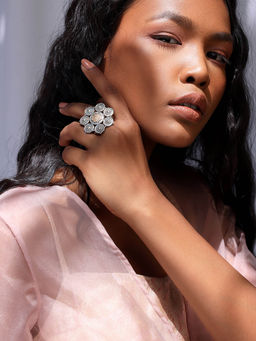 Indya - Oxidized Silver Floral Dana Work Ring
