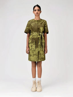 Genes Lecoanet Hemant - Women's Khaki Floral Knee Length Dress with Belt (Set of 2)