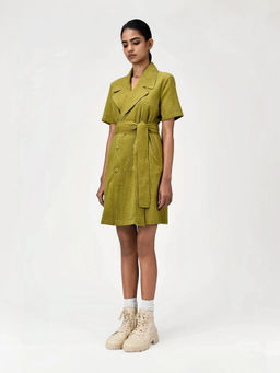 Genes Lecoanet Hemant - Women's Green Solid Knee Length Dress with Belt (Set of 2)