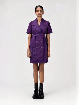 Genes Lecoanet Hemant - Women's Purple Solid Knee Length Dress with Belt (Set of 2)