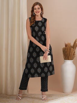 FASHOR - Black Ethnic Foil Printed Kurta with Pant (Set of 2)