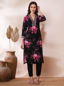 FASHOR - Black Floral Printed and Embroidered Kurta with Pant (Set of 2)