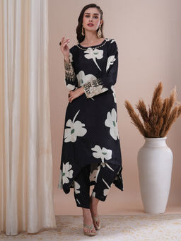 FASHOR - Black Floral Printed Mirror Work Kurta with Pant (Set of 2)