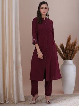 FASHOR - Solid Pattern Mirror Work A-Line Paneled Kurta with Pant (Set of 2)