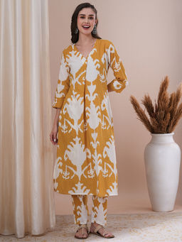 FASHOR - Ethnic Ikat Printed A-Line Kurta with Pant (Set of 2)