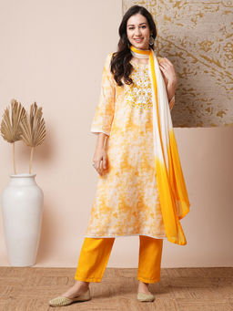 FASHOR - Yellow Embroidered Mirror Work Kurta with Pant & Dupatta (Set of 3)