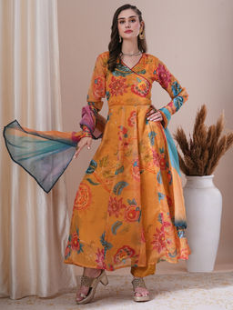 FASHOR - Yellow Floral Print Sequin Work Anarkali Kurta with Pant & Dupatta (Set of 3)