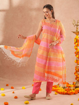 FASHOR - Leheriya Work Kurta with Pant & Dupatta (Set of 3)