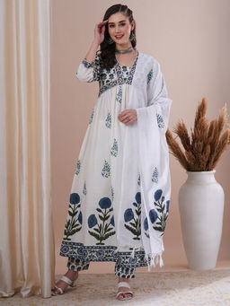FASHOR - Blue Ethnic Floral Print A-Line Pleated Kurta with Pant & Dupatta (Set of 3)