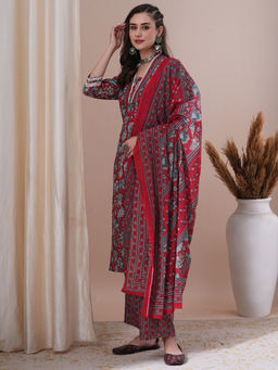 FASHOR - Red Ethnic Floral Print Kurta with Pant & Dupatta (Set of 3)