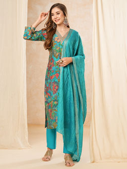 FASHOR - Floral Print Kurta with Pants & Dupatta (Set of 3)