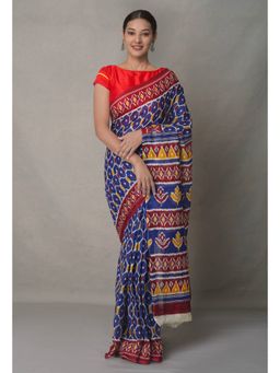 Unnati Silks - Blue Pure Block Printed Cotton Saree with Unstitched Blouse