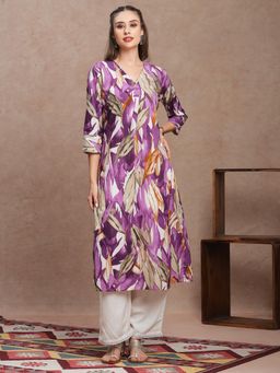 FASHOR - Abstract Floral Printed A-Line Kurta Purple