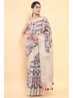 Soch - Women Beige Silk Printed Saree with Unstitched Blouse