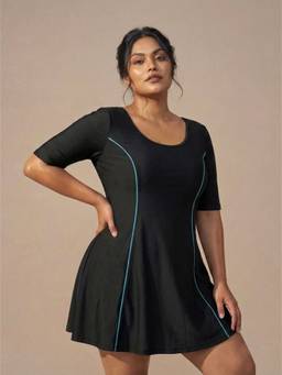 SOIE - Women Solid Half-Sleeves Swimdress with Shorts - Black
