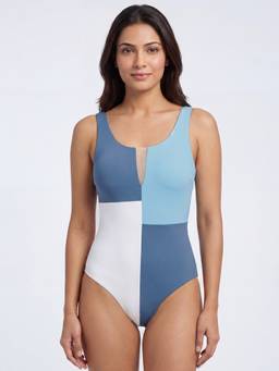 SOIE - Women Three-Tone Mesh Front Padded Sleeveless Monokini - Multi-Color