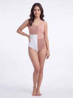 SOIE - Women Three-Tone Mesh Front Padded Sleeveless Monokini - Multi-Color