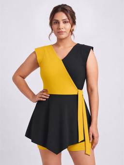 SOIE - Women Padded Colour Blocked V-Neck Swimdress with Attached Shorts - Multi-Color