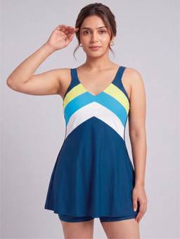 SOIE - Women Sleeveless Colour Block Mid-Thigh Swimdress with Inner Shorts - Blue