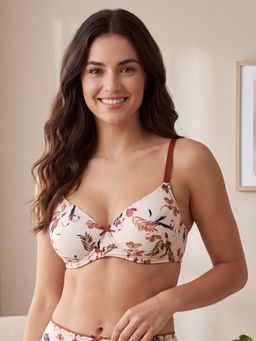 Clovia - Padded Non-Wired Full Figure Floral Print Multiway T-Shirt Bra in Peach Colour