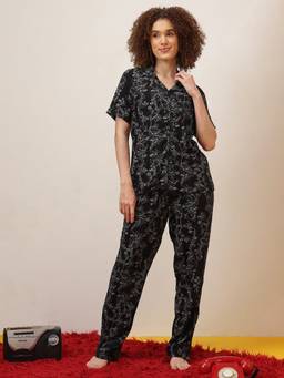 Clovia - Floral Print Button-Down Shirt and Pyjama in Black - Rayon