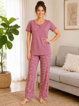 Clovia - Solid Top and Leaf Print Pyjama in Mauve Colour