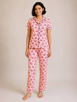 Clovia - Floral Print Button-Down Shirt and Pyjama in Light Pink