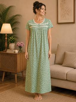 Clovia - Floral Print Long Nighty in Green