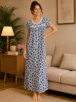 Clovia - Floral Print Long Nighty in White