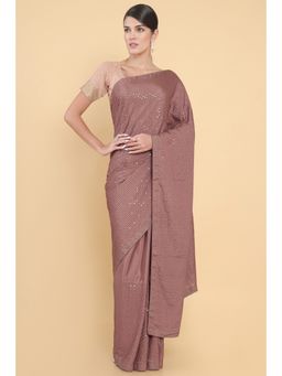 Soch - Women Brown Crepe Embellished Saree with Unstitched Blouse