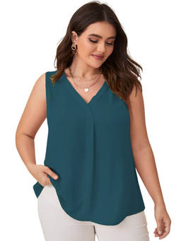 KOTTY - Womens Solid Sleeveless Asymmetric Teal Pull On V-Neck Top