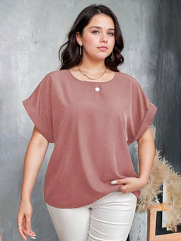 KOTTY - Womens Solid Half Sleeves Asymmetric Storm Mauve Button Round Neck Top