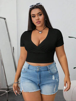 KOTTY - Womens Solid Coal Black Pull On V-Neck Crop Top