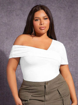 KOTTY - Womens Solid Half Sleeves Ice White Pull On One Shoulder Neck Top