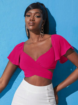 KOTTY - Womens Solid Butterfly Sleeve Regular Fit Rani Pink Crop Top