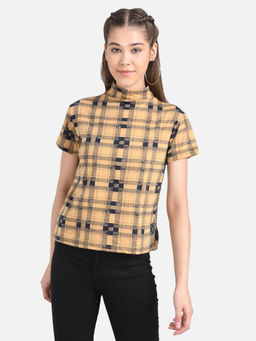 KOTTY - Womens Checks Half Sleeve Regular Fit Chimera Brown Top