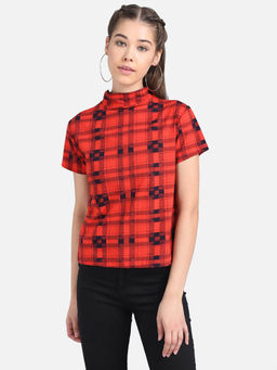 KOTTY - Womens Checks Half Sleeve Regular Fit Ancient Red Top