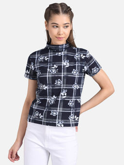 KOTTY - Womens Floral Half Sleeve Regular Fit Black Velvet Top