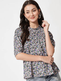 KOTTY - Womens Floral Half Sleeves Regular Fit Blue Flower Top