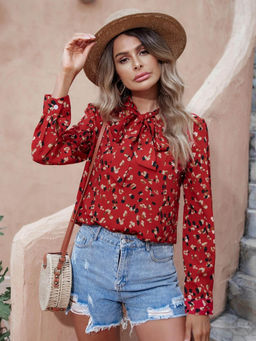 KOTTY - Womens Printed Long Sleeve Regular Fit Ruby Red Top