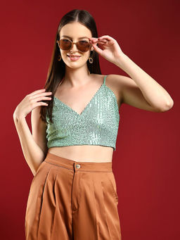KOTTY - Womens Embellished Sleeveless Regular Sagebrush Green Crop Top