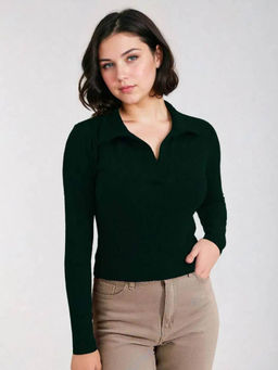 KOTTY - Womens Solid Long Sleeve Regular Fit Black Glaze Top