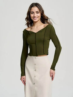 KOTTY - Womens Solid Long Sleeve Regular Fit Pullman Green Top