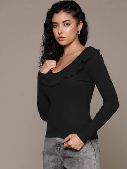 KOTTY - Womens Solid Long Sleeve Regular Fit Chaos Black Top