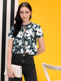 KOTTY - Womens Floral Half Sleeves Regular Fit Hypothalamus Green Top