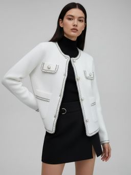 Outzidr - Off White Polyester Full Sleeves Cardigan