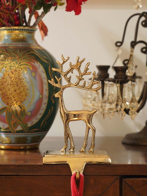 Pure Home + Living Gold Metal Reindeer Stocking Holder