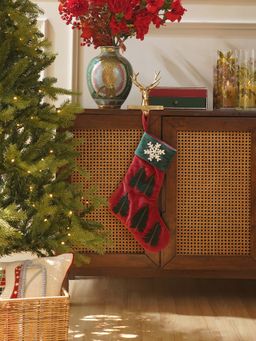 Pure Home + Living - Red Embroidered Velvet Stocking